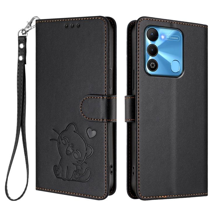 For Tecno Spark Go 2022 / 9 / 8C Embossed Heart Cat Leather Phone Case with Hand Strap