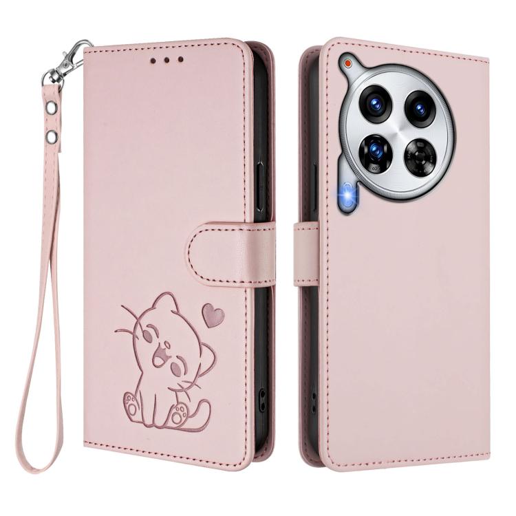 For Tecno Camon 30 Premier 5G Embossed Heart Cat Leather Phone Case with Hand Strap