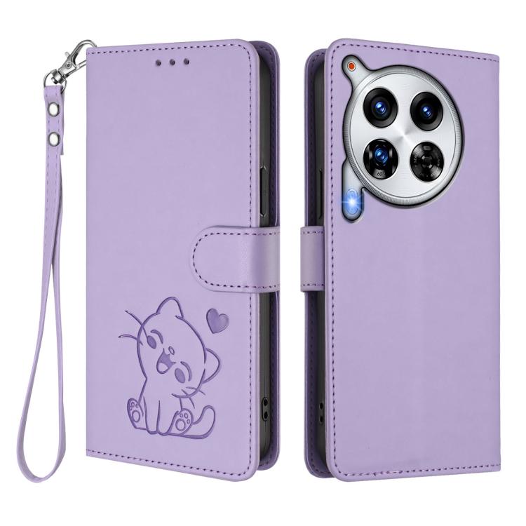 For Tecno Camon 30 Premier 5G Embossed Heart Cat Leather Phone Case with Hand Strap