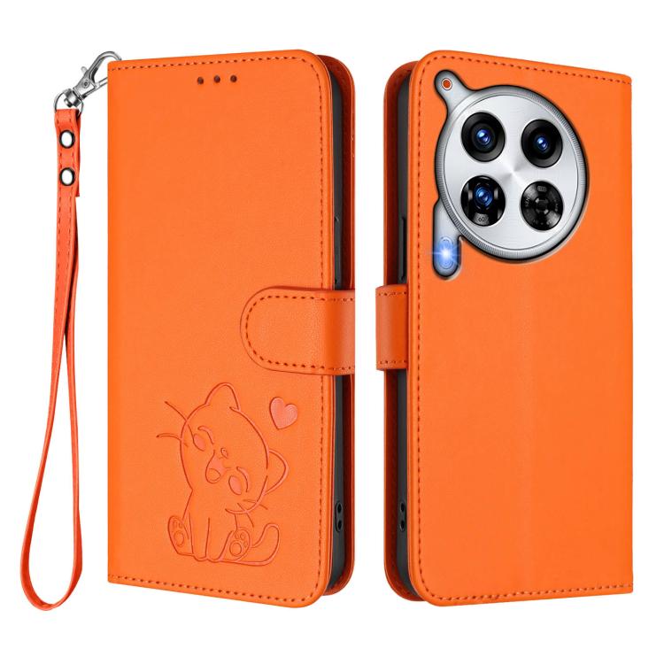 For Tecno Camon 30 Premier 5G Embossed Heart Cat Leather Phone Case with Hand Strap