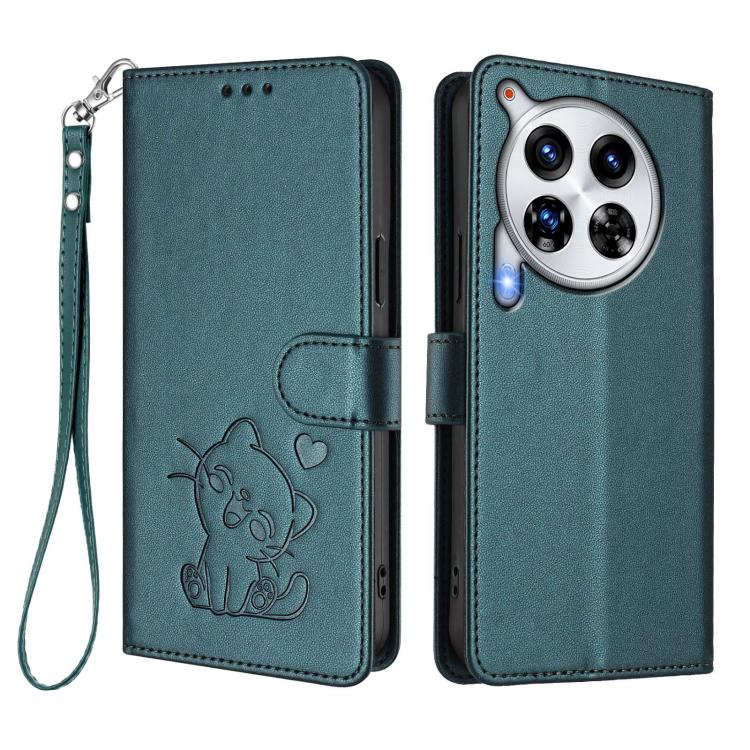 For Tecno Camon 30 Premier 5G Embossed Heart Cat Leather Phone Case with Hand Strap