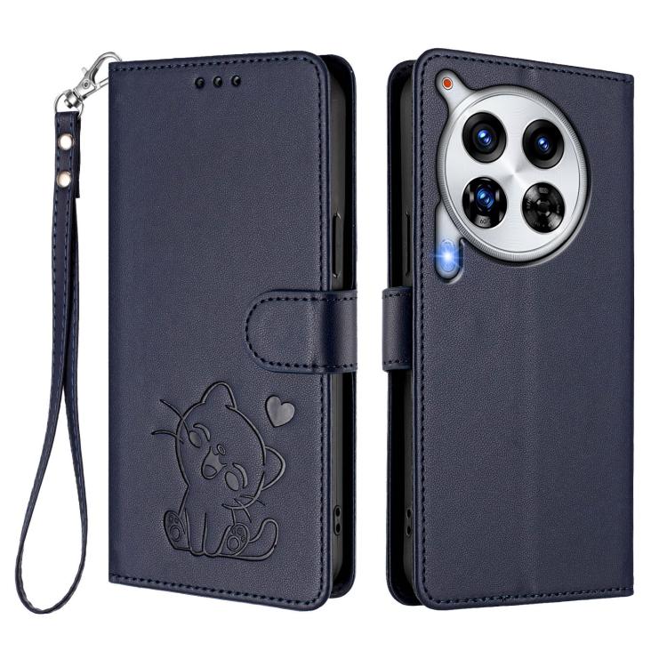 For Tecno Camon 30 Premier 5G Embossed Heart Cat Leather Phone Case with Hand Strap