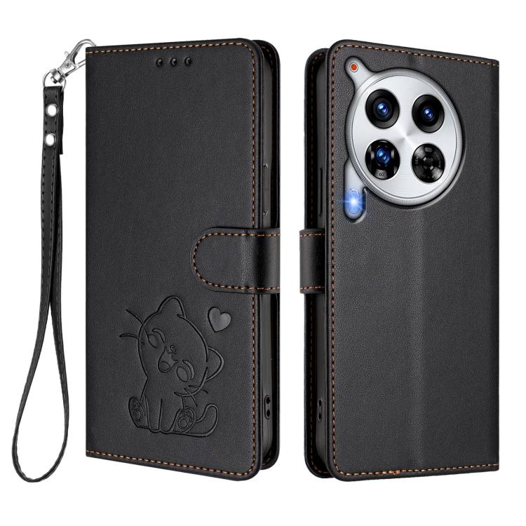 For Tecno Camon 30 Premier 5G Embossed Heart Cat Leather Phone Case with Hand Strap