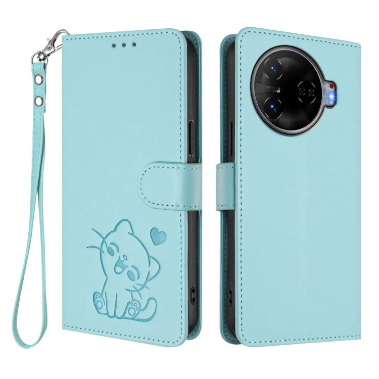 For Tecno Camon 30 Pro Embossed Heart Cat Leather Phone Case with Hand Strap