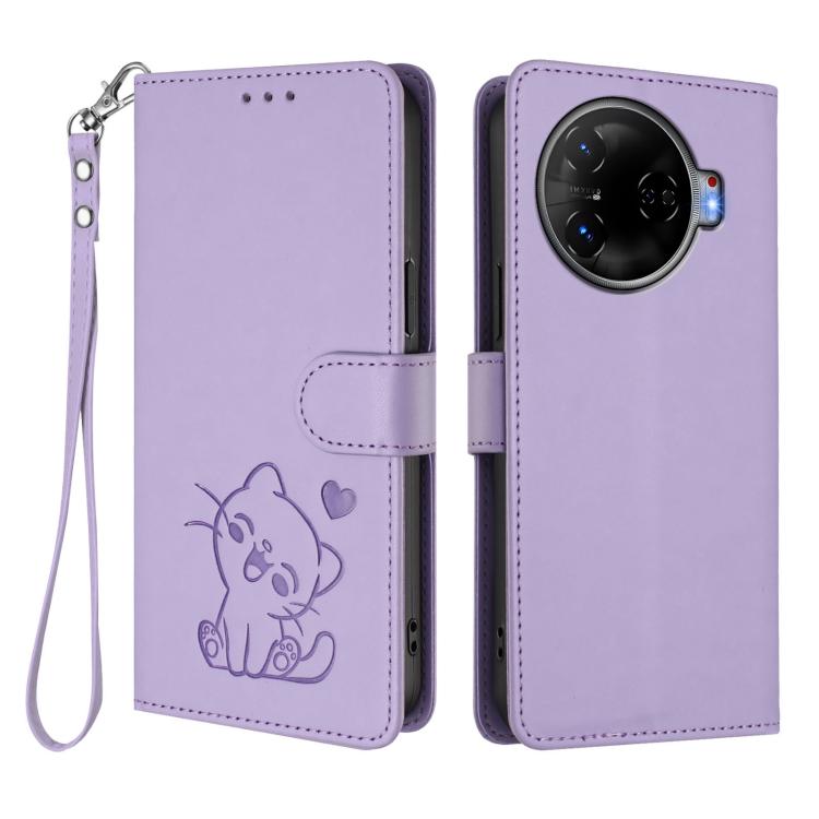 For Tecno Camon 30 Pro Embossed Heart Cat Leather Phone Case with Hand Strap