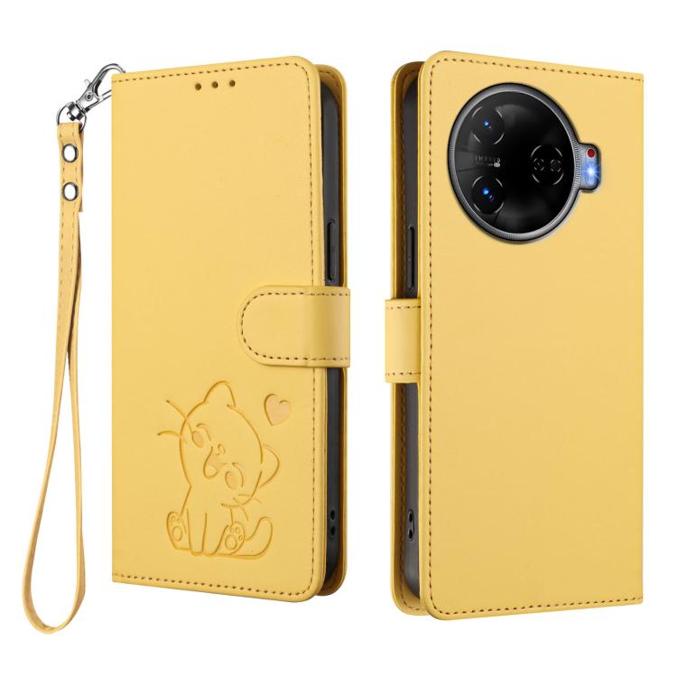 For Tecno Camon 30 Pro Embossed Heart Cat Leather Phone Case with Hand Strap