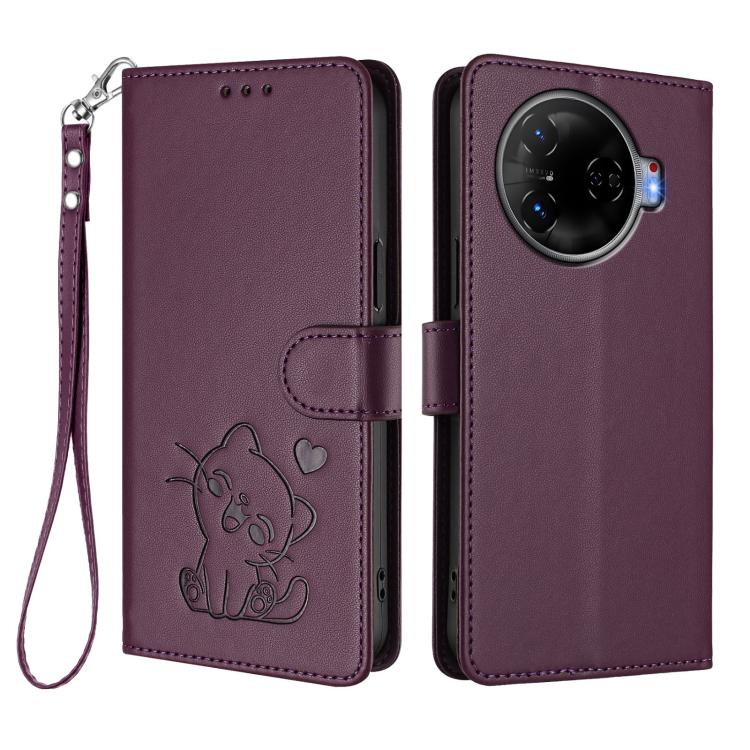 For Tecno Camon 30 Pro Embossed Heart Cat Leather Phone Case with Hand Strap