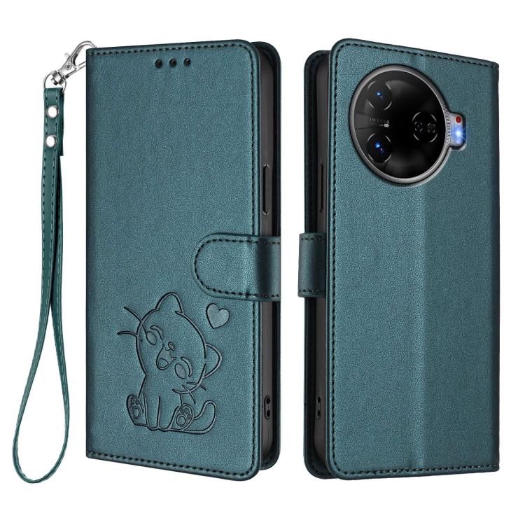 For Tecno Camon 30 Pro Embossed Heart Cat Leather Phone Case with Hand Strap
