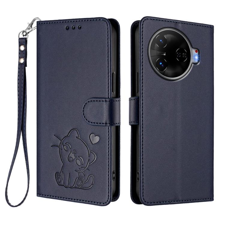 For Tecno Camon 30 Pro Embossed Heart Cat Leather Phone Case with Hand Strap
