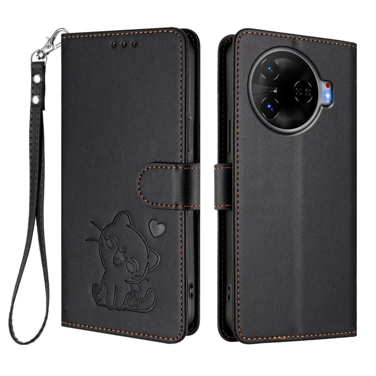 For Tecno Camon 30 Pro Embossed Heart Cat Leather Phone Case with Hand Strap