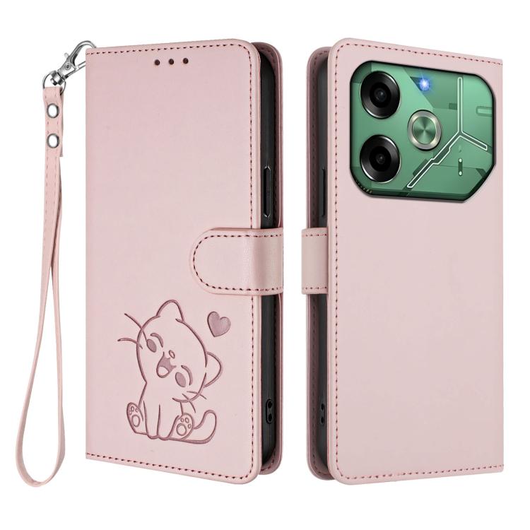 For Tecno Pova 6 4G Embossed Heart Cat Leather Phone Case with Hand Strap