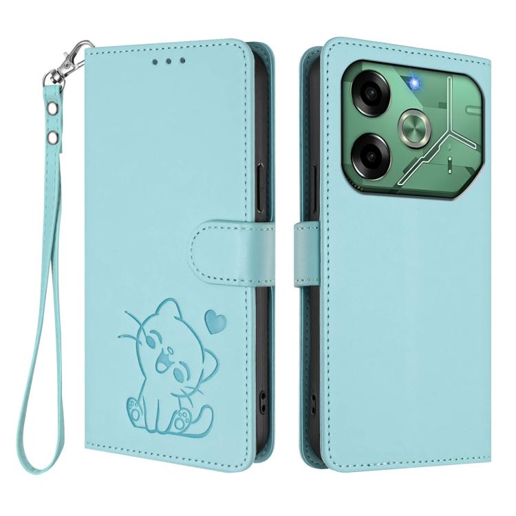 For Tecno Pova 6 4G Embossed Heart Cat Leather Phone Case with Hand Strap