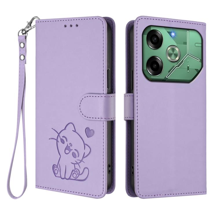 For Tecno Pova 6 4G Embossed Heart Cat Leather Phone Case with Hand Strap