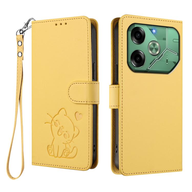 For Tecno Pova 6 4G Embossed Heart Cat Leather Phone Case with Hand Strap