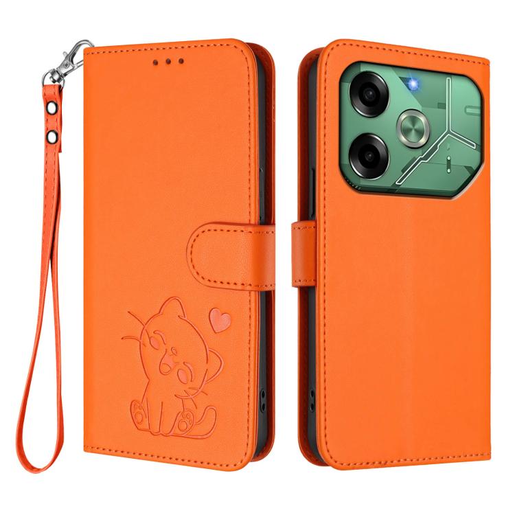 For Tecno Pova 6 4G Embossed Heart Cat Leather Phone Case with Hand Strap