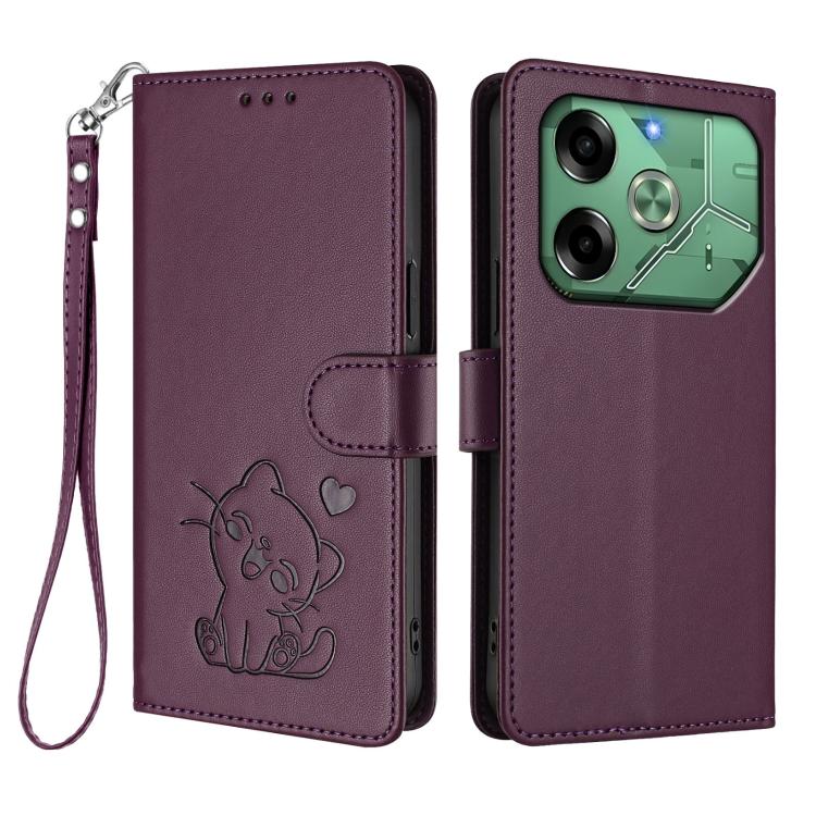 For Tecno Pova 6 4G Embossed Heart Cat Leather Phone Case with Hand Strap