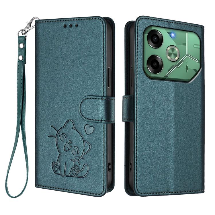 For Tecno Pova 6 4G Embossed Heart Cat Leather Phone Case with Hand Strap