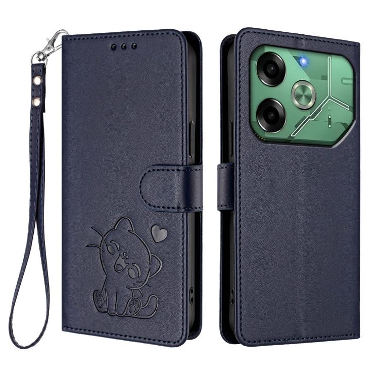 For Tecno Pova 6 4G Embossed Heart Cat Leather Phone Case with Hand Strap