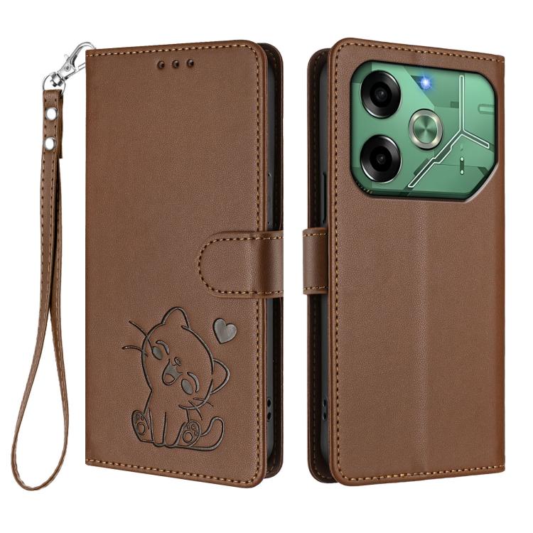 For Tecno Pova 6 4G Embossed Heart Cat Leather Phone Case with Hand Strap