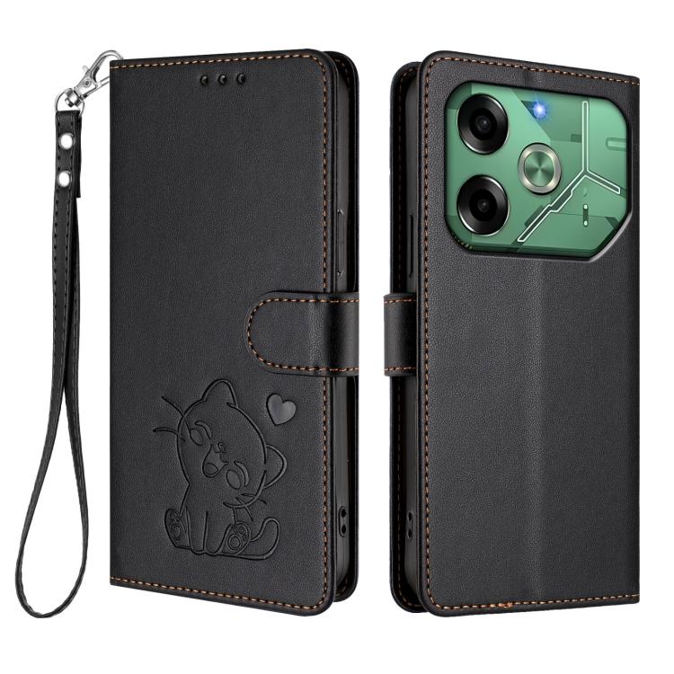 For Tecno Pova 6 4G Embossed Heart Cat Leather Phone Case with Hand Strap