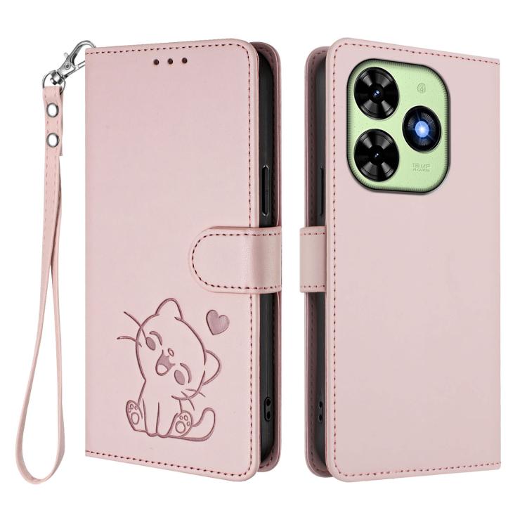 For Tecno Spark Go 2024 4G / 20C 4G Embossed Heart Cat Leather Phone Case with Hand Strap