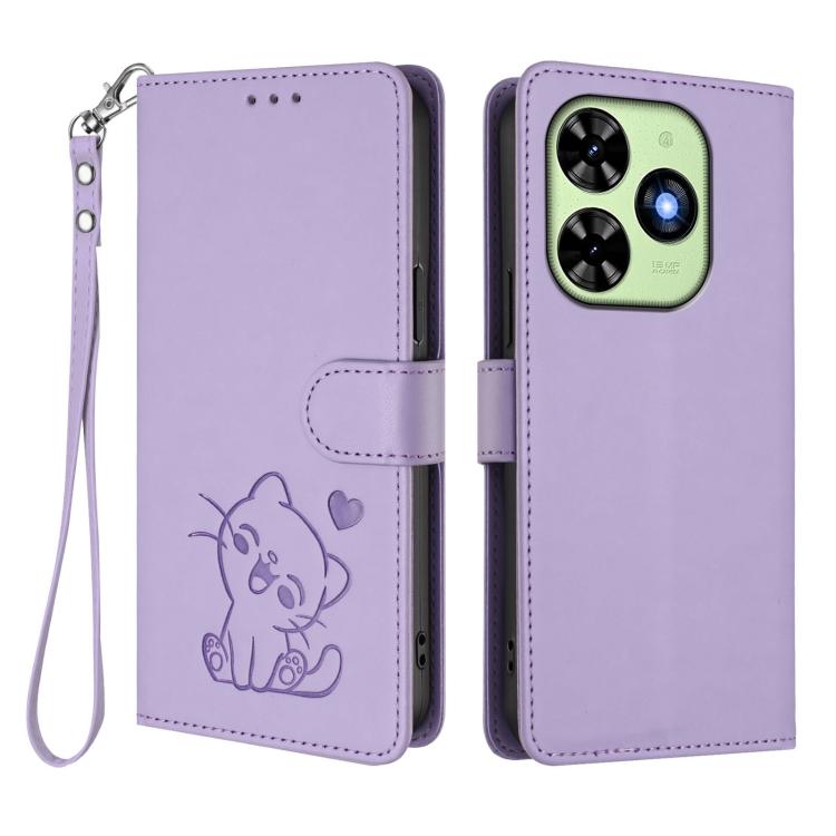 For Tecno Spark Go 2024 4G / 20C 4G Embossed Heart Cat Leather Phone Case with Hand Strap