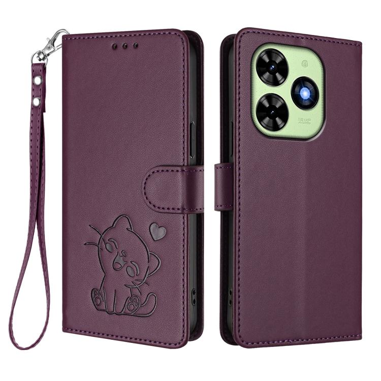 For Tecno Spark Go 2024 4G / 20C 4G Embossed Heart Cat Leather Phone Case with Hand Strap
