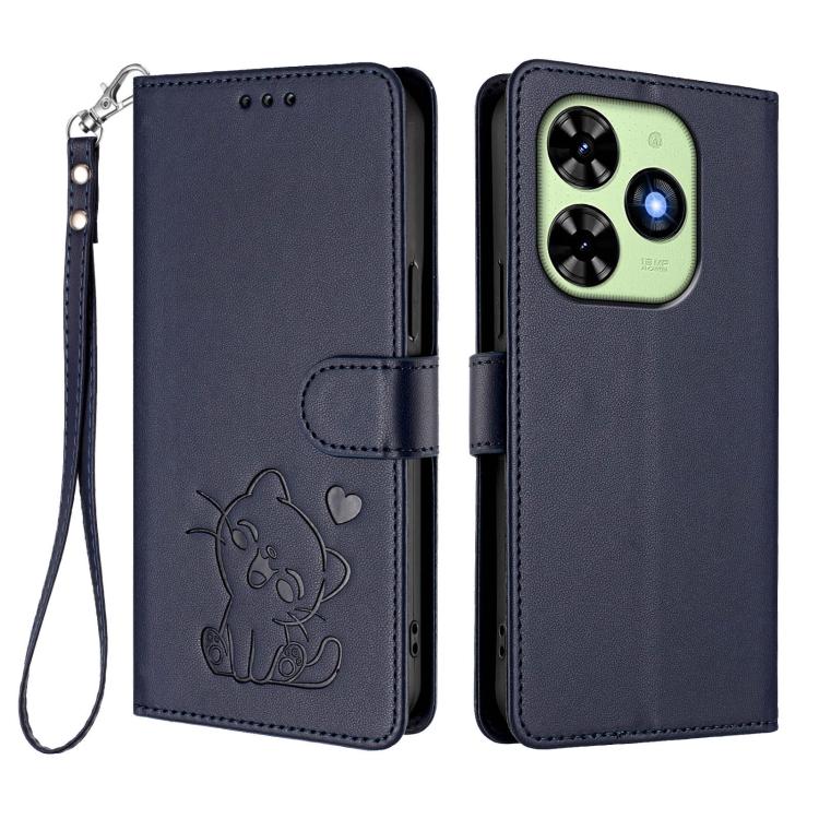 For Tecno Spark Go 2024 4G / 20C 4G Embossed Heart Cat Leather Phone Case with Hand Strap