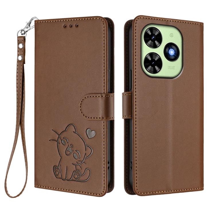 For Tecno Spark Go 2024 4G / 20C 4G Embossed Heart Cat Leather Phone Case with Hand Strap
