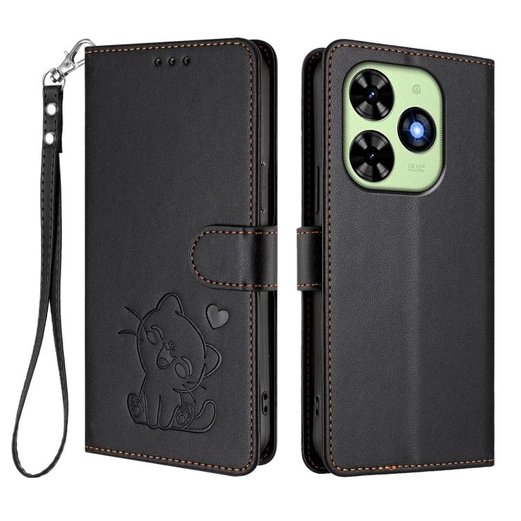 For Tecno Spark Go 2024 4G / 20C 4G Embossed Heart Cat Leather Phone Case with Hand Strap