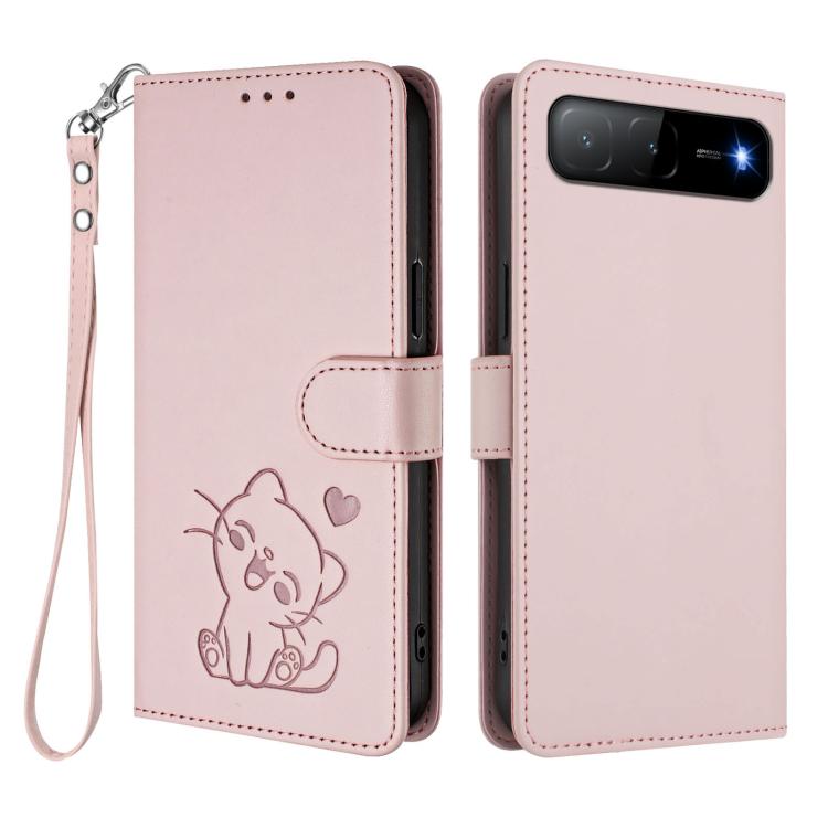 For Tecno Spark Go 5G 2025 / Hot 60i 5G Embossed Heart Cat Leather Phone Case with Hand Strap