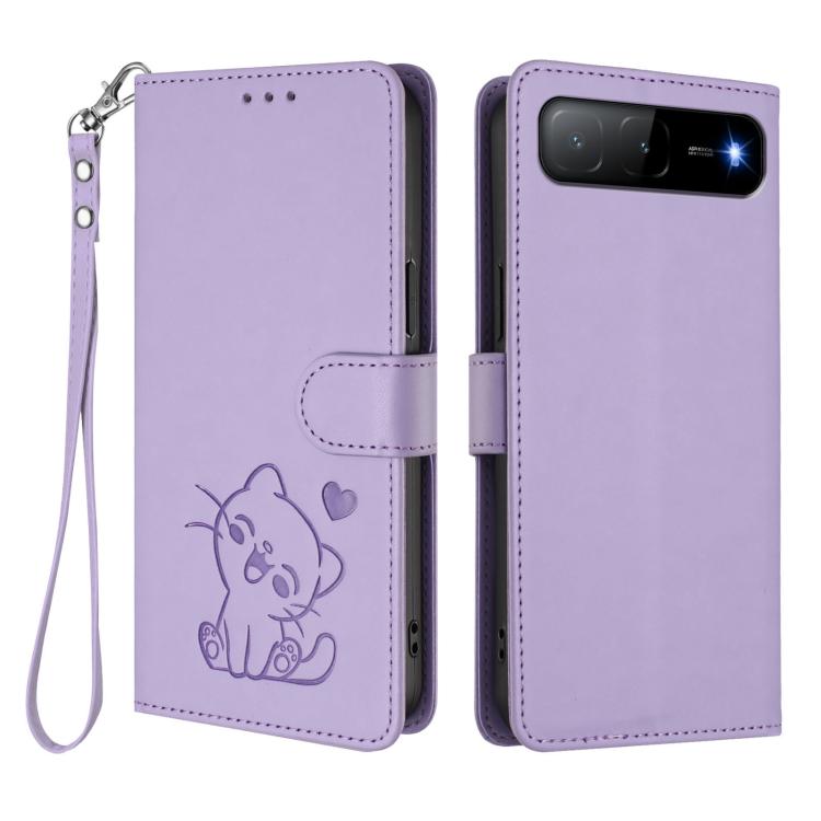 For Tecno Spark Go 5G 2025 / Hot 60i 5G Embossed Heart Cat Leather Phone Case with Hand Strap