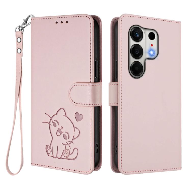 For Tecno Camon 50 4G Embossed Heart Cat Leather Phone Case with Hand Strap