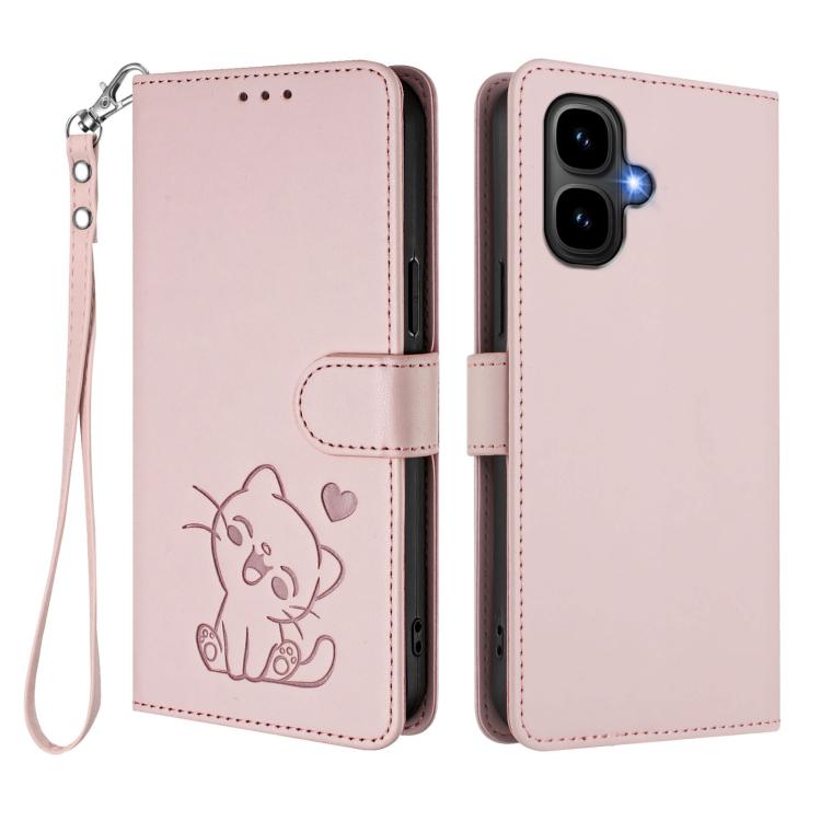 For Infinix Smart 10 / Tecno Pop 10 Embossed Heart Cat Leather Phone Case with Hand Strap