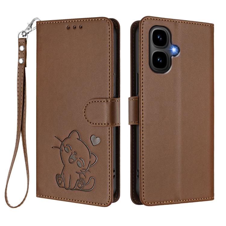 For Infinix Smart 10 / Tecno Pop 10 Embossed Heart Cat Leather Phone Case with Hand Strap