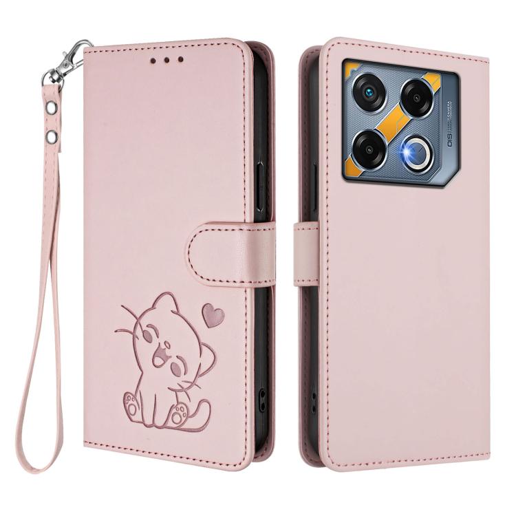 For Infinix GT 20 Pro 5G Embossed Heart Cat Leather Phone Case with Hand Strap