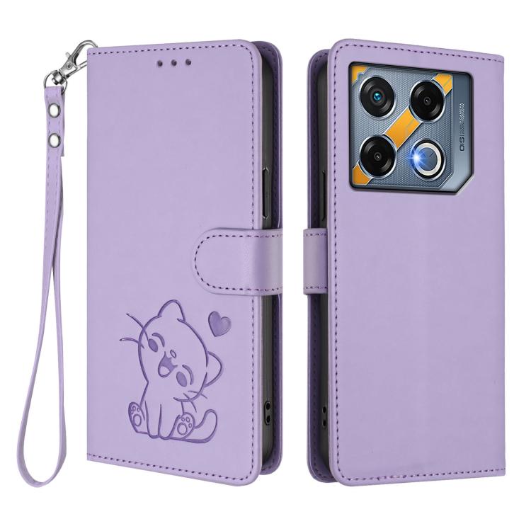 For Infinix GT 20 Pro 5G Embossed Heart Cat Leather Phone Case with Hand Strap