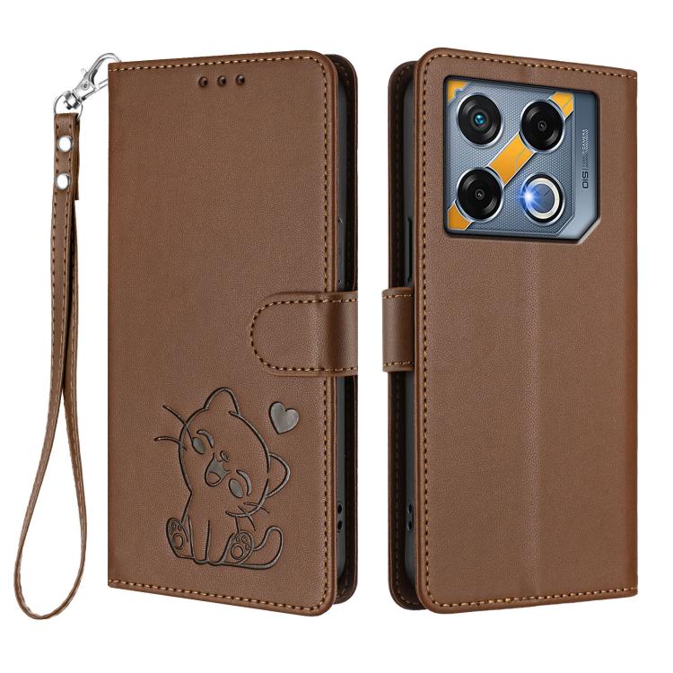 For Infinix GT 20 Pro 5G Embossed Heart Cat Leather Phone Case with Hand Strap