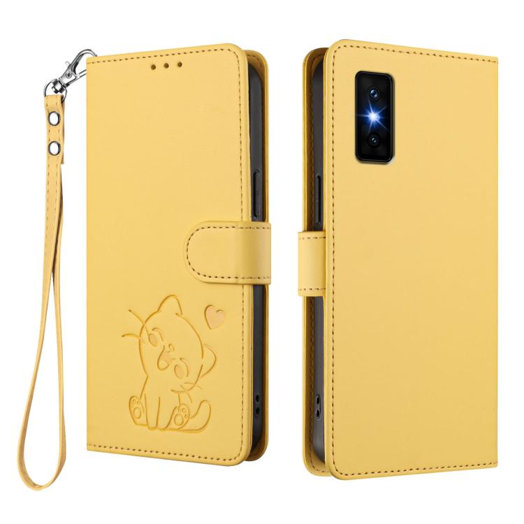For Infinix GT 30 Pro Embossed Heart Cat Leather Phone Case with Hand Strap