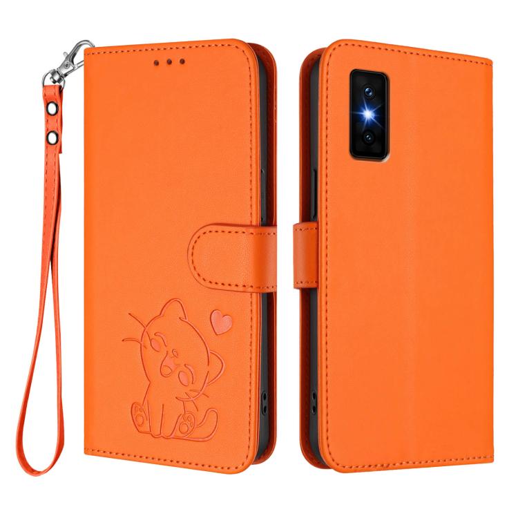 For Infinix GT 30 Pro Embossed Heart Cat Leather Phone Case with Hand Strap