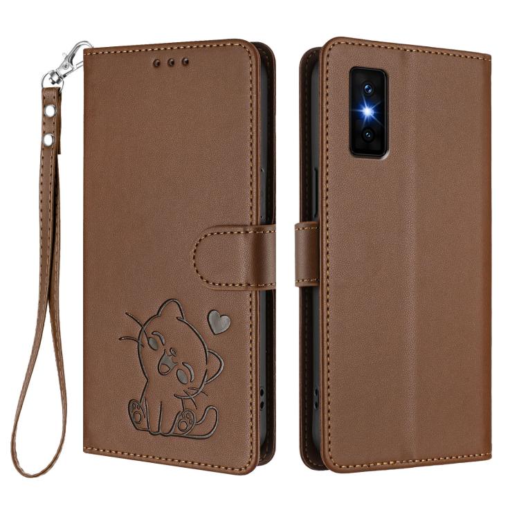 For Infinix GT 30 Pro Embossed Heart Cat Leather Phone Case with Hand Strap