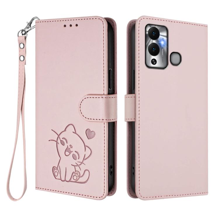 For Infinix Hot 12 Play Embossed Heart Cat Leather Phone Case with Hand Strap