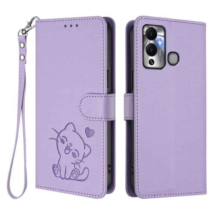 For Infinix Hot 12 Play Embossed Heart Cat Leather Phone Case with Hand Strap