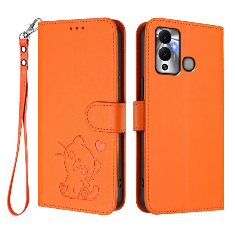 For Infinix Hot 12 Play Embossed Heart Cat Leather Phone Case with Hand Strap