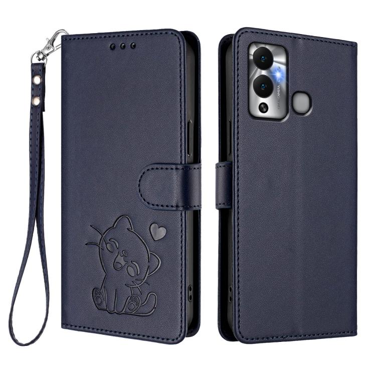 For Infinix Hot 12 Play Embossed Heart Cat Leather Phone Case with Hand Strap
