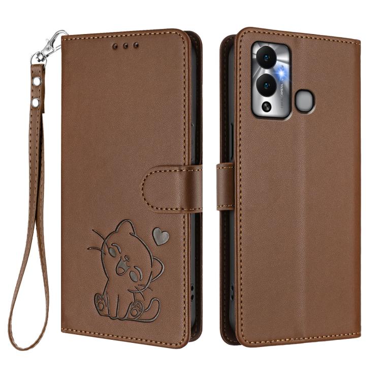 For Infinix Hot 12 Play Embossed Heart Cat Leather Phone Case with Hand Strap