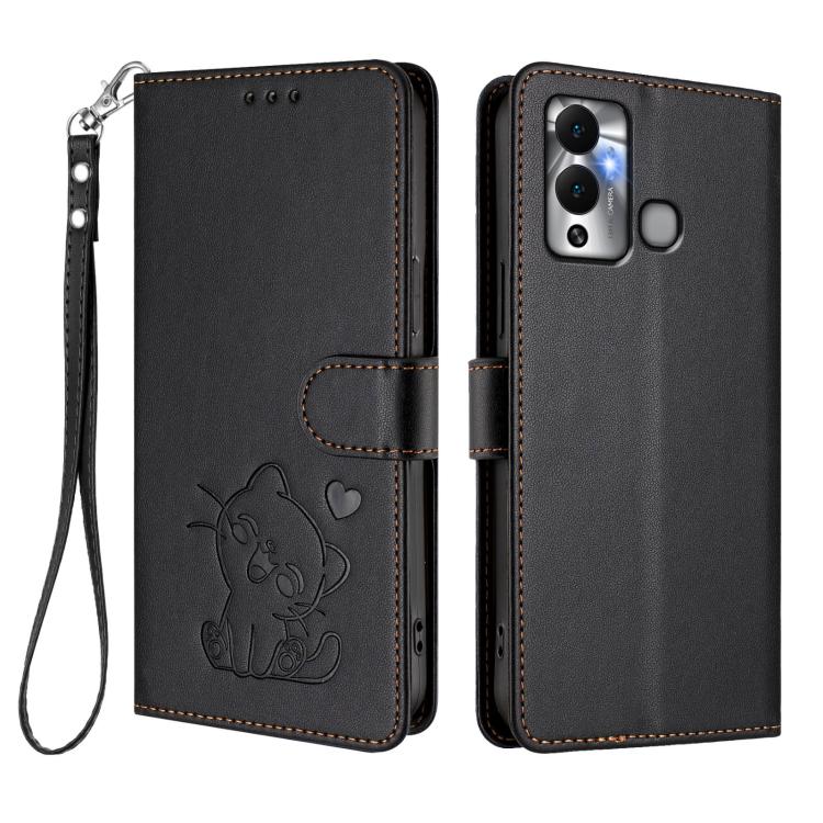 For Infinix Hot 12 Play Embossed Heart Cat Leather Phone Case with Hand Strap
