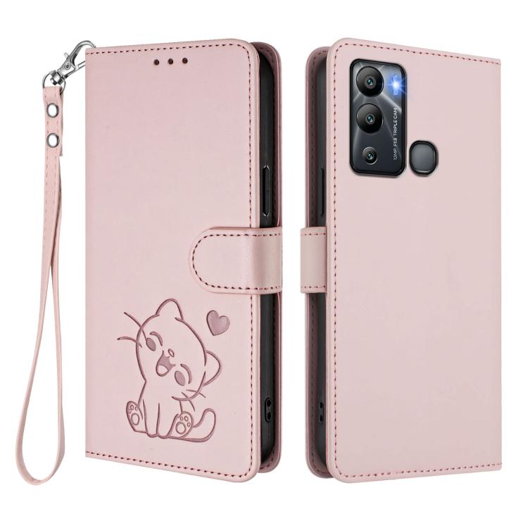 For Infinix Hot 12i / 20i Embossed Heart Cat Leather Phone Case with Hand Strap