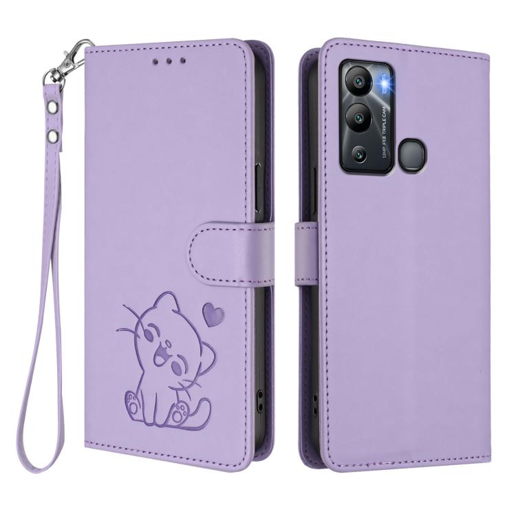 For Infinix Hot 12i / 20i Embossed Heart Cat Leather Phone Case with Hand Strap