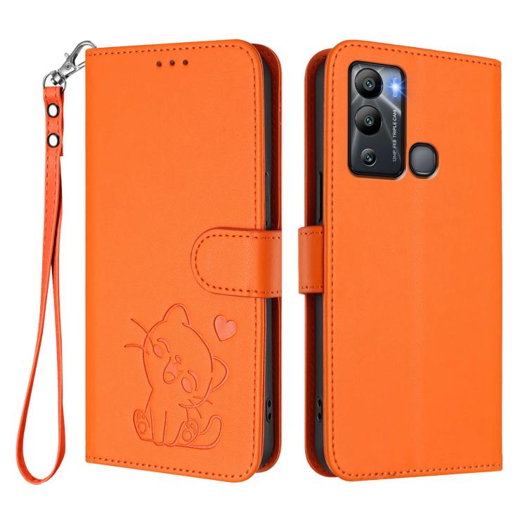 For Infinix Hot 12i / 20i Embossed Heart Cat Leather Phone Case with Hand Strap